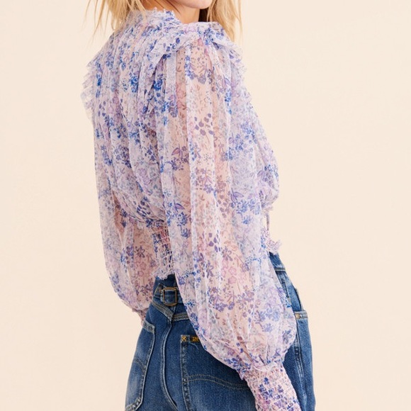 Free People Floral Sheer Blouse in Blue and Purple - Picture 2 of 10